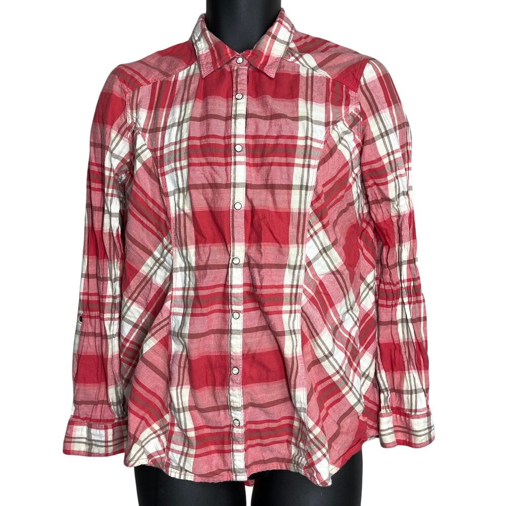 Maurices Button Up Shirt Women XL Red Plaid Long Sleeve 100% Cotton Preppy